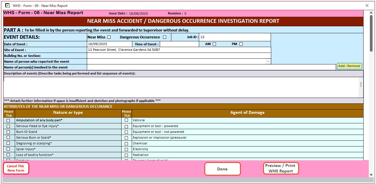 Screenshot of the Near Miss, Incident or Dangerous Occurrence form in the JSEAsy safety Management Software.