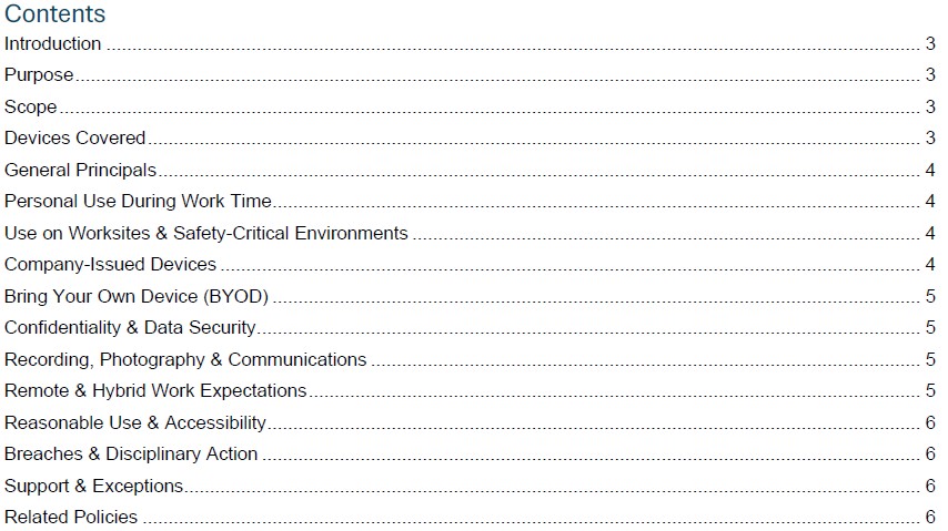 Table of contents listing sections and page numbers for a document, e.g., Introduction 3, Purpose 3, Scope 3, etc.