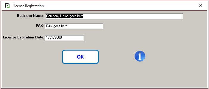 Licence details. Business name, JSEAsy Product Activation Key (PAK), and licence expiry date.
