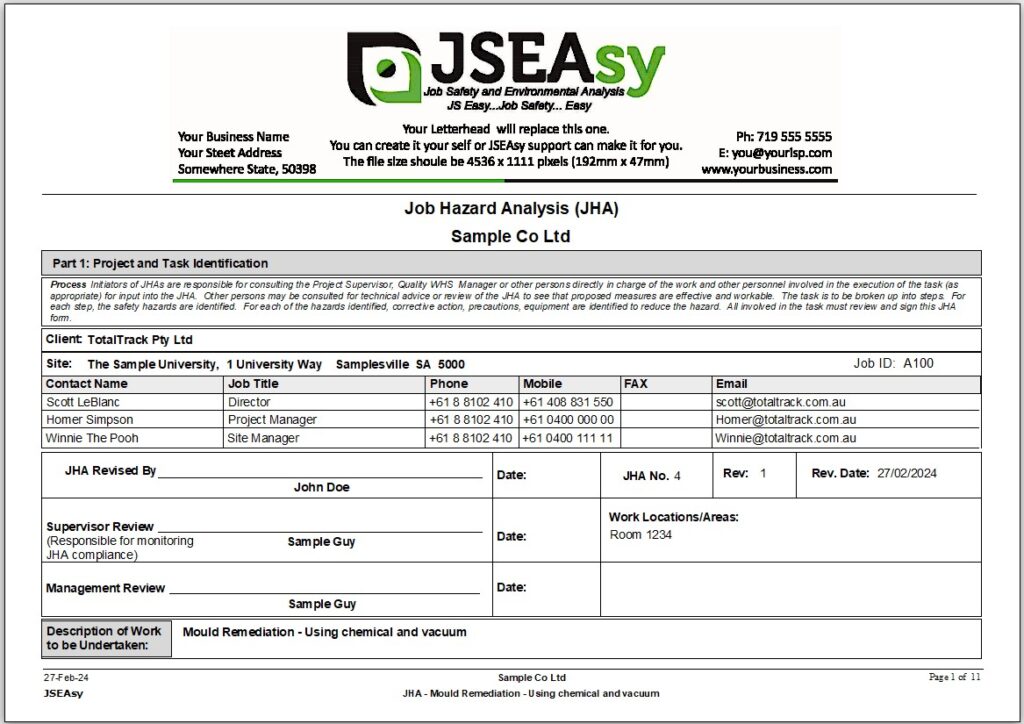 Job Hazard Analysis (JHA) report creating using the JSEAsy Environmental Health and Safety (EHS) Software