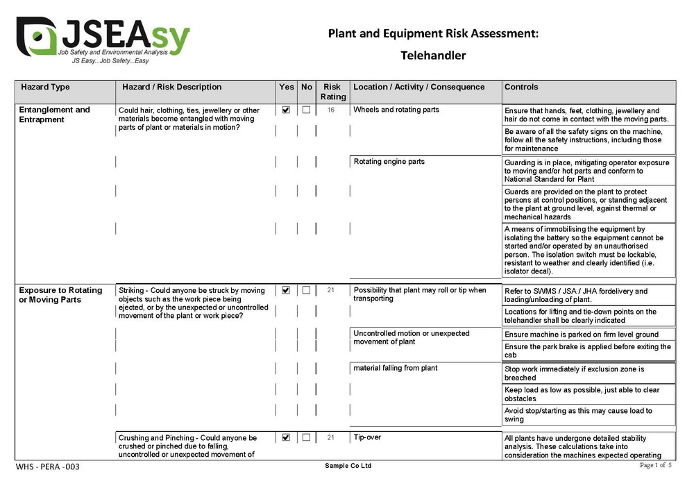 Telehandler Plant and Equipment Risk Assessment Telehandler Plant and Equipment Risk Assessment
