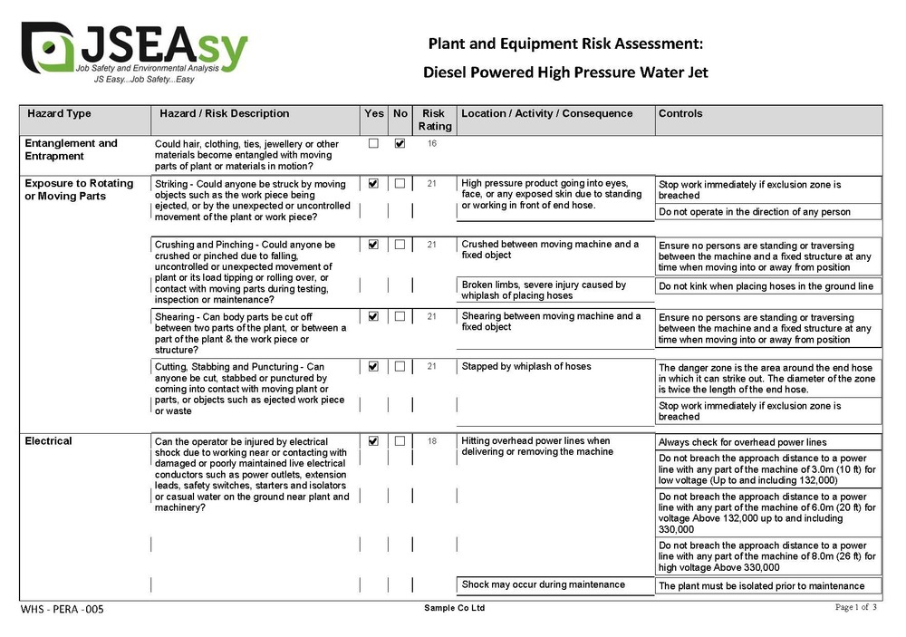 Diesel-Powered High-Pressure Water Jet Plant and Equipment Risk Assessment Diesel-Powered High-Pressure Water Jet Plant and Equipment Risk Assessment