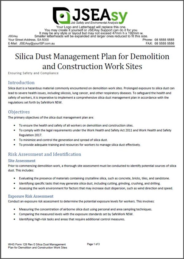 Silica Dust Management Plan for Demolition and Construction Work Sites