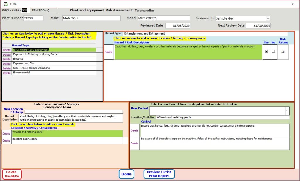 Risk assessment software for plant and equipment dashboard screenshot