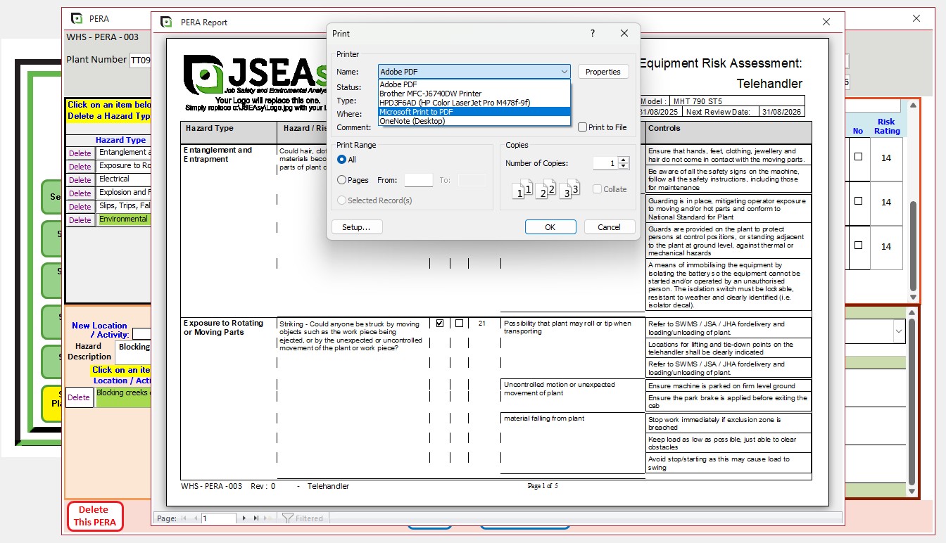 Print the completed Plant and Equipment Risk Assessment to PDF