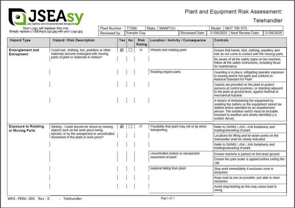 WHS compliant plant and equipment risk assessment PDF example