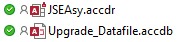 Two list items showing Access files with a green check mark: JSEasy.accdr and Upgrade_Datafile.accdb.