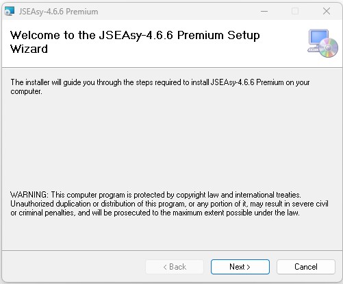 Welcome screen of the JSEasy 4.6.6 Premium Setup Wizard with a Next button visible at the bottom.
