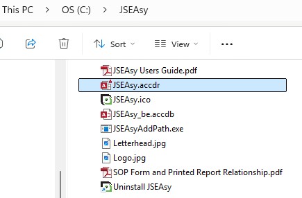 Screenshot of a Windows Explorer window showing the JSEasy folder contents: JSEasy.accdb, JSEasy_be.accdb, JSEasy.ico, Letterhead.jpg, Logo.jpg, SQP Form and Printed Report Relationship.pdf, and an Uninstall JSEasy shortcut. Screenshot of a Windows Explorer window showing the JSEasy folder contents: JSEasy.accdb, JSEasy_be.accdb, JSEasy.ico, Letterhead.jpg, Logo.jpg, SQP Form and Printed Report Relationship.pdf, and an Uninstall JSEasy shortcut.